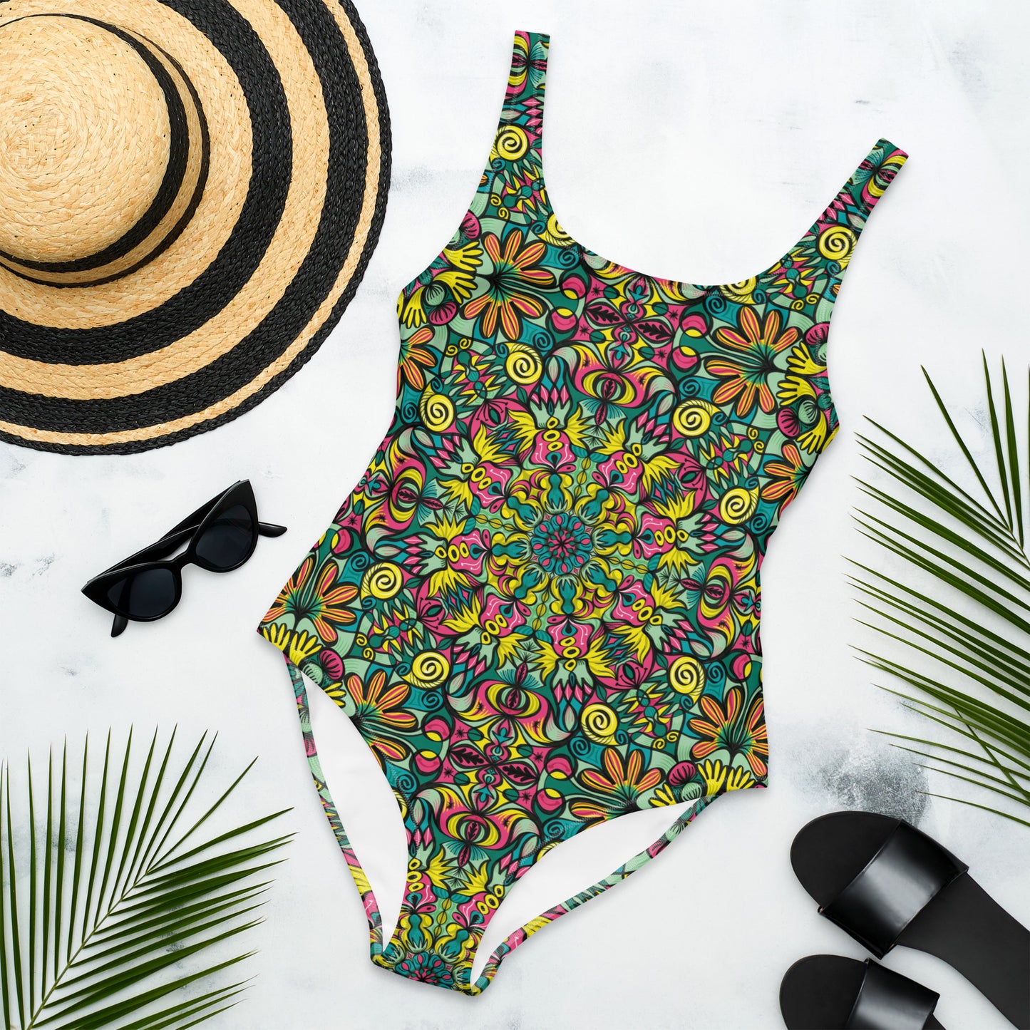 Exploring Jungle Oddities: Inspiration from the Fascinating Wildflowers of the Tropics. One-Piece Swimsuit. Flat lifestyle