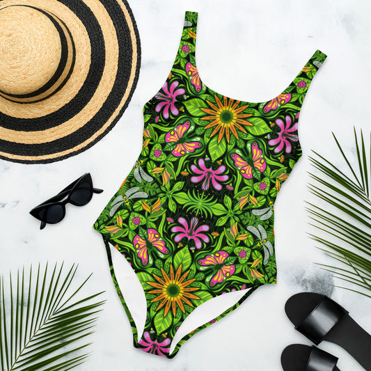 Magical garden full of flowers and insects One-Piece Swimsuit. Flat lifestyle