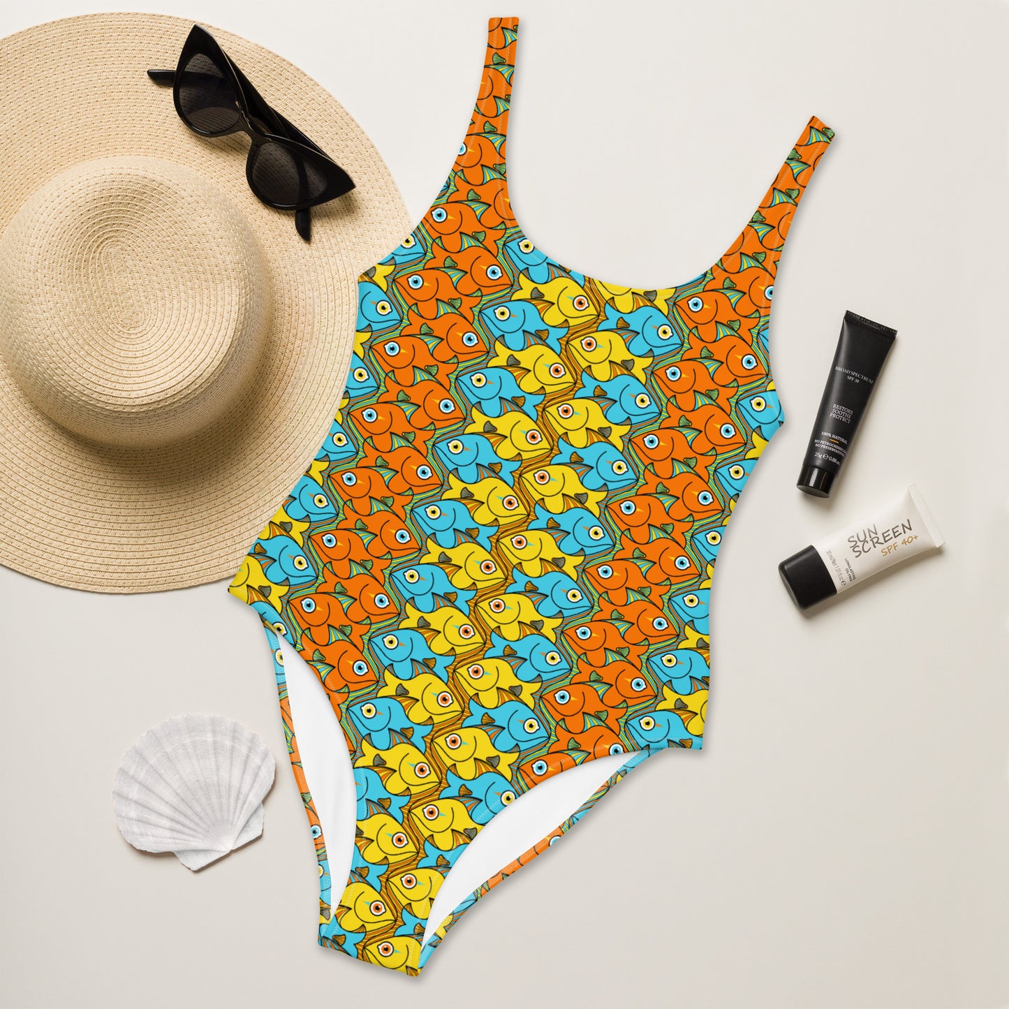 Smiling colorful fishes pattern One-Piece Swimsuit. Flat lifestyle