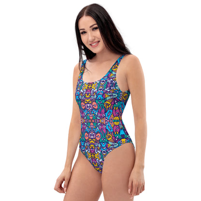 Whimsical design featuring multicolor critters from another world One-Piece Swimsuit. Side view