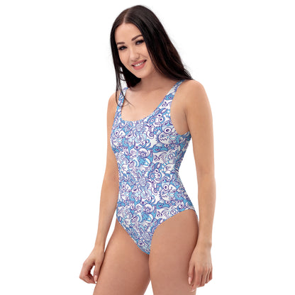 Whimsical Blue Doodle Critterscape pattern design One-Piece Swimsuit. Lifestyle