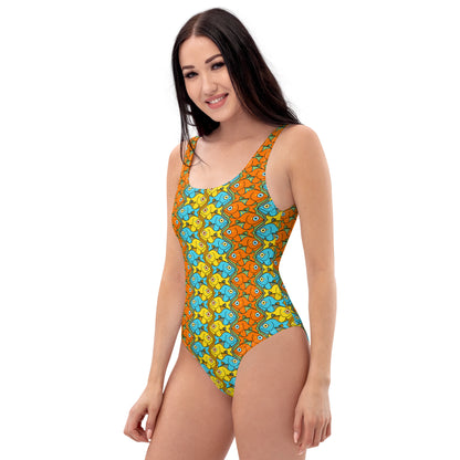 Smiling colorful fishes pattern One-Piece Swimsuit. Left view