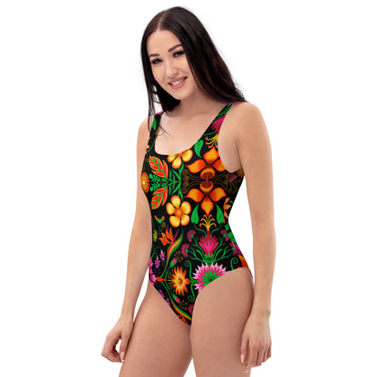 Wild flowers in a luxuriant jungle One-Piece Swimsuit. Left view