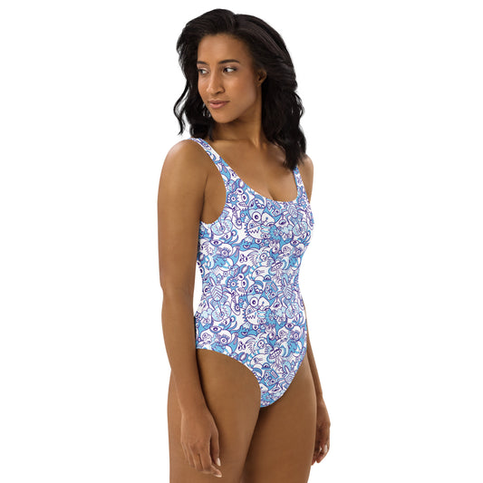 Whimsical Blue Doodle Critterscape pattern design One-Piece Swimsuit. Side view