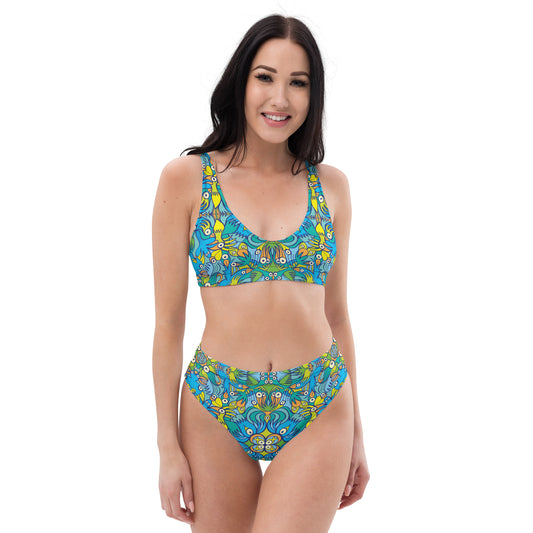 Exotic birds tropical pattern Recycled high-waisted bikini. Front view