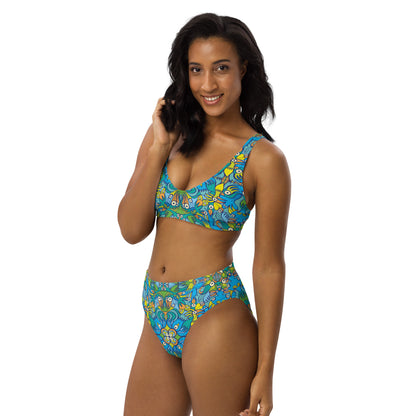 Exotic birds tropical pattern Recycled high-waisted bikini. Left front view