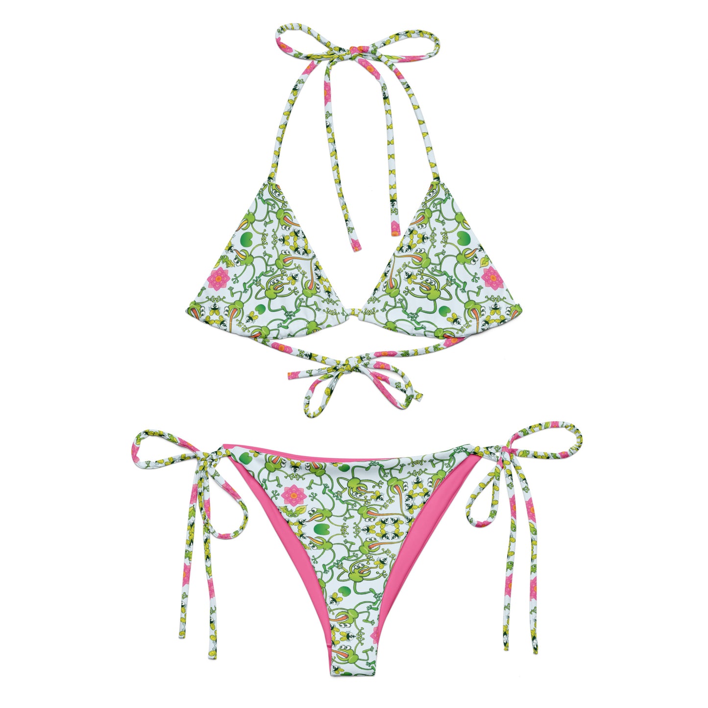 Funny frogs hunting flies mandala All-over print recycled string bikini. Overview