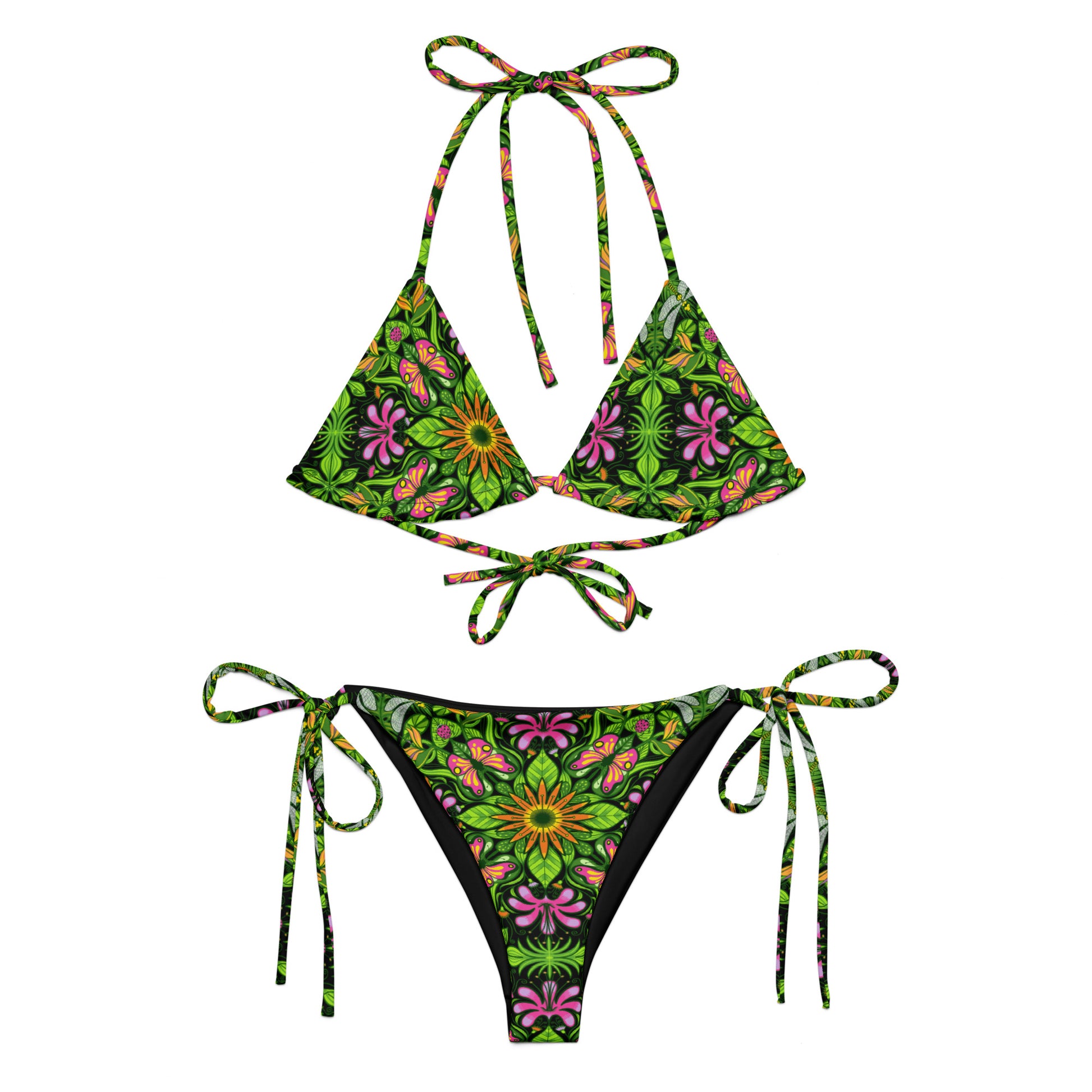 Magical garden full of flowers and insects All-over print recycled string bikini. Product overview