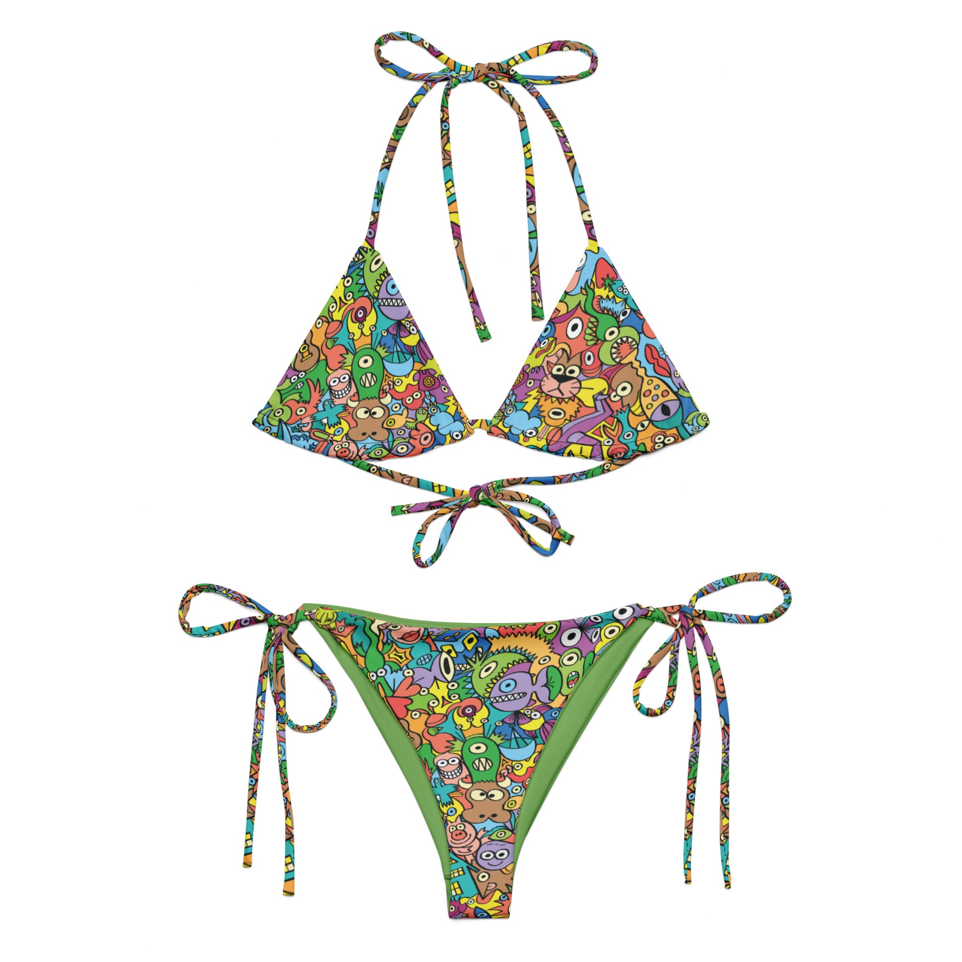 Cheerful crowd enjoying a lively carnival All-over print recycled string bikini. Flat view