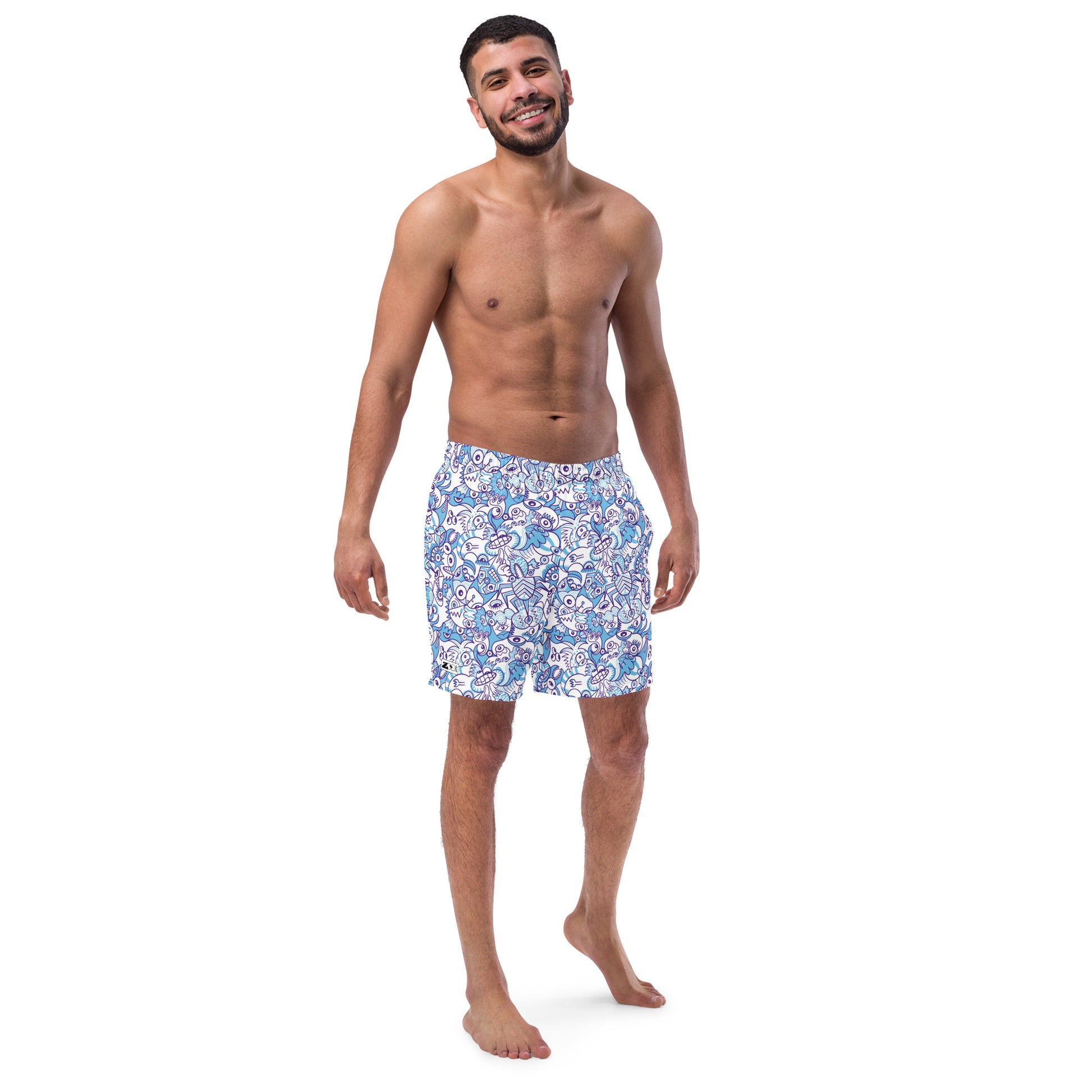Whimsical Blue Doodle Critterscape pattern design Men's swim trunks. Lifestyle