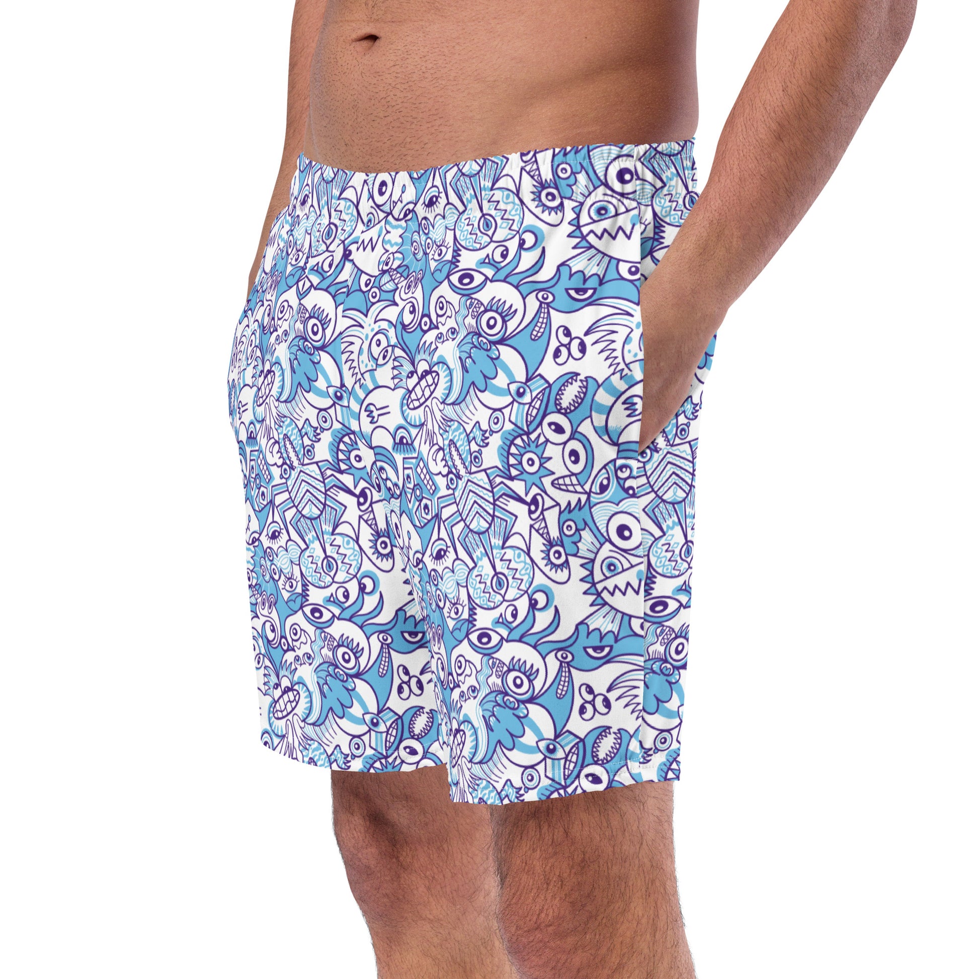 Whimsical Blue Doodle Critterscape pattern design Men's swim trunks. Front view