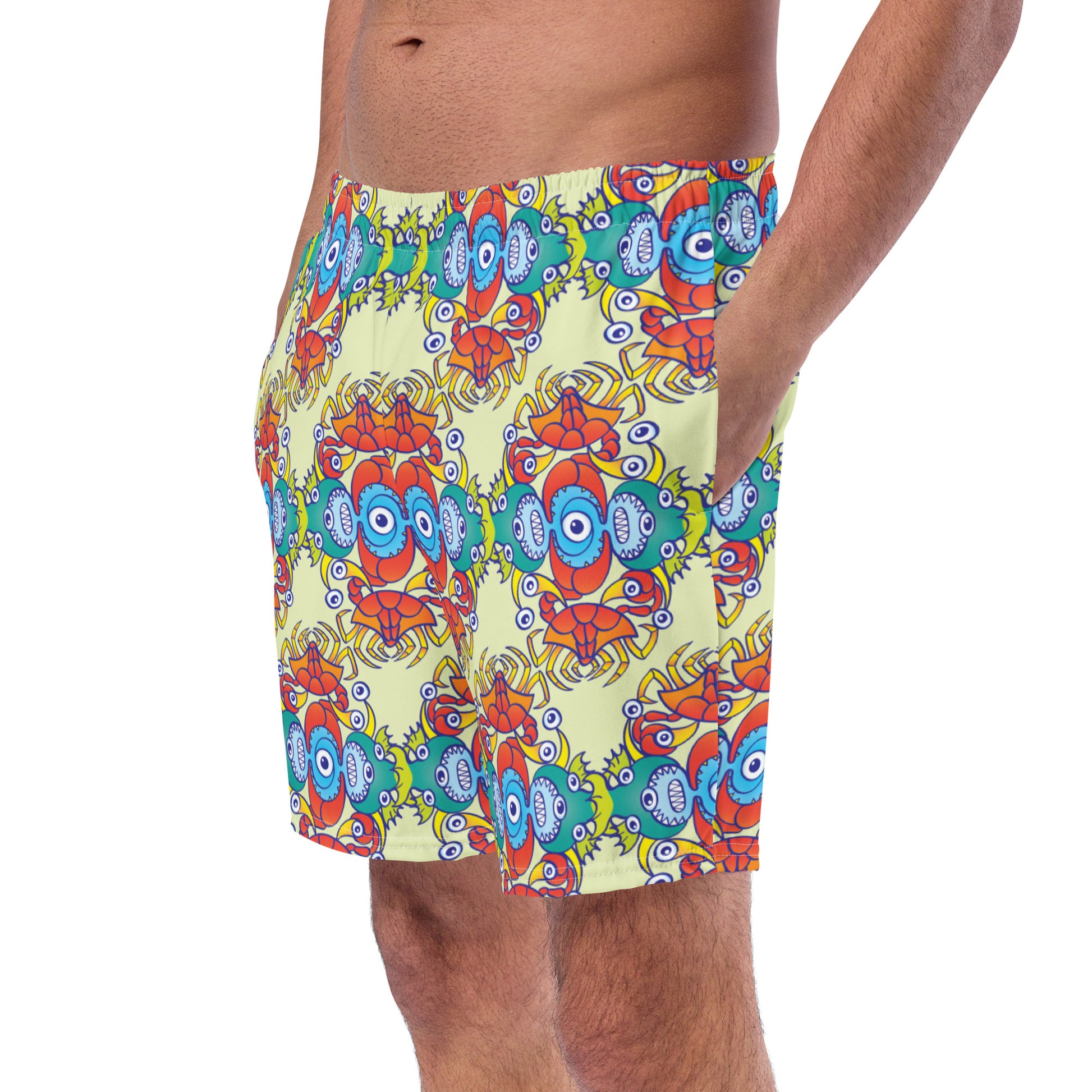 Crabs, octopuses and fish from a tropical sunny beach Men's swim trunks. Front view