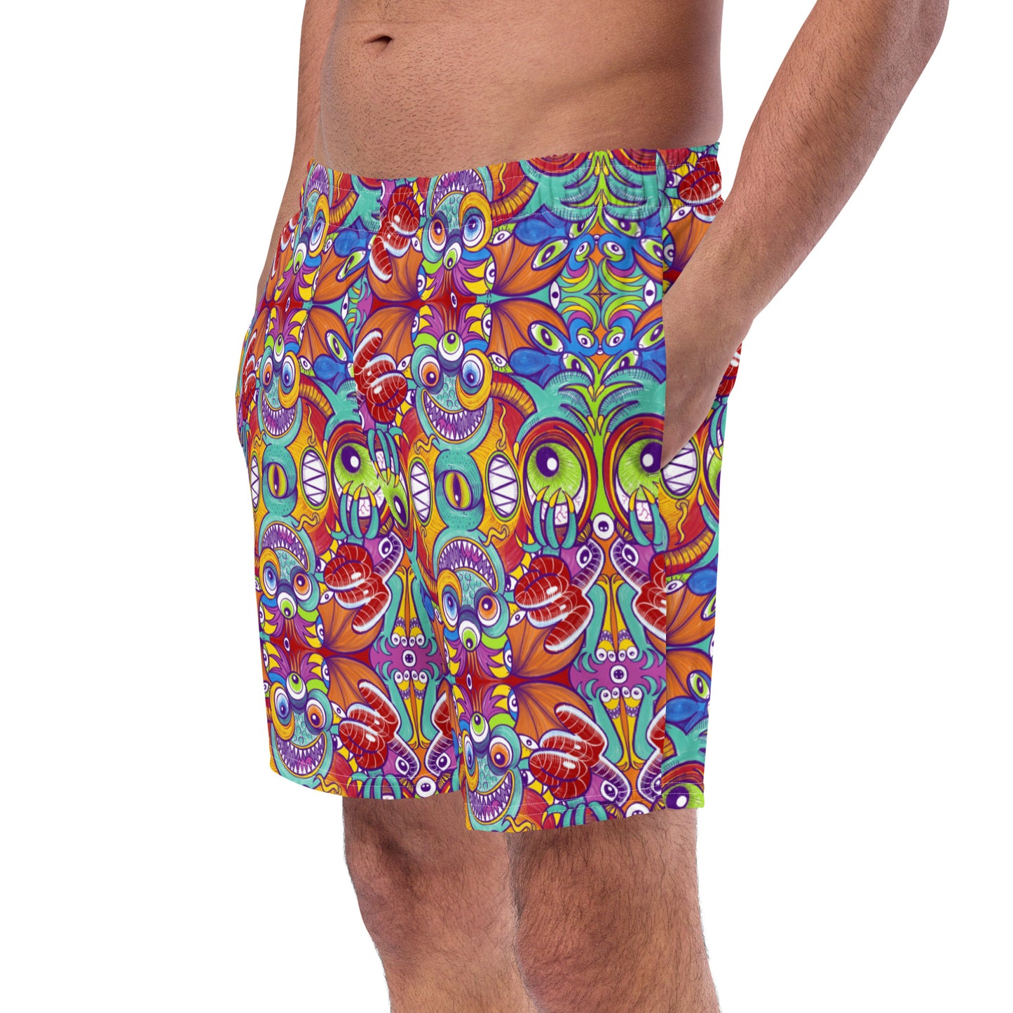 Psychedelic monsters having fun pattern design Men's swim trunks. Front view
