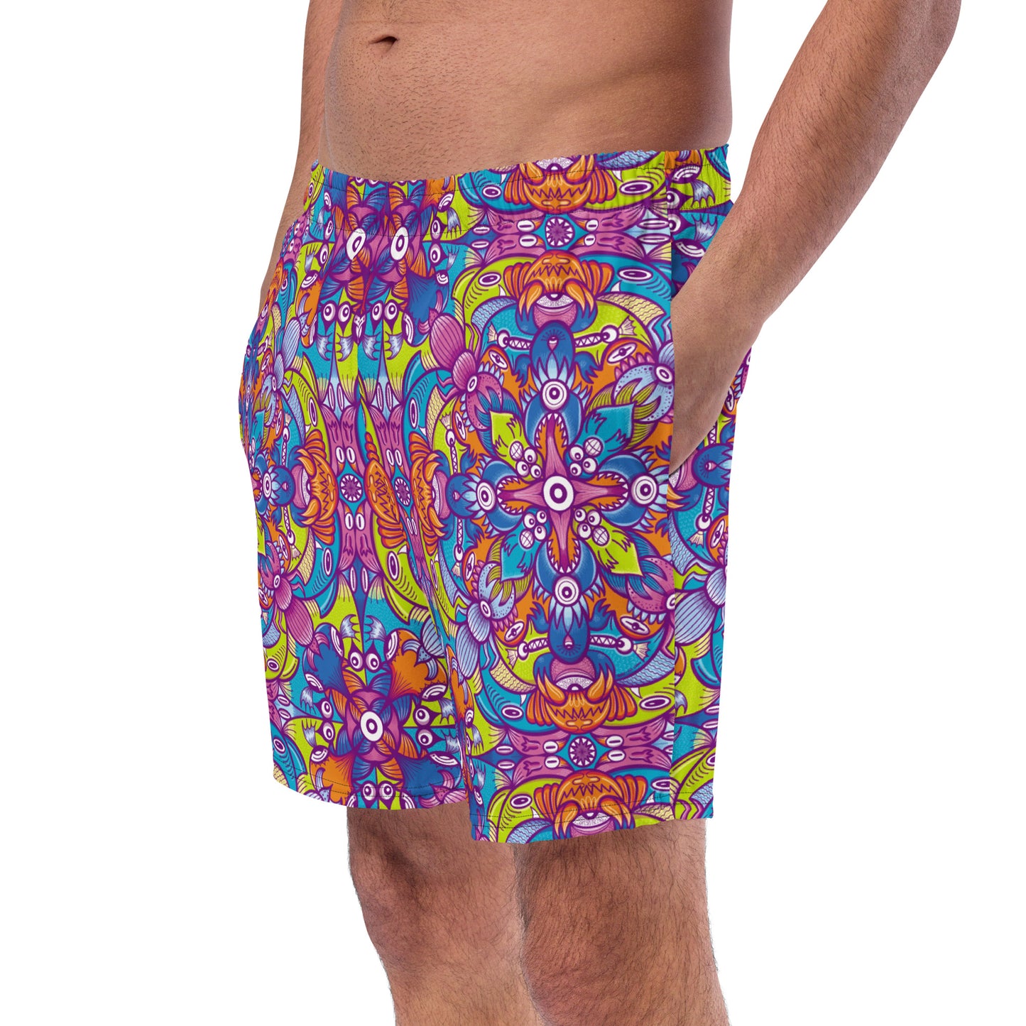 Whimsical Critter Chaos: A Doodle Adventure - Men's swim trunks. Left front view