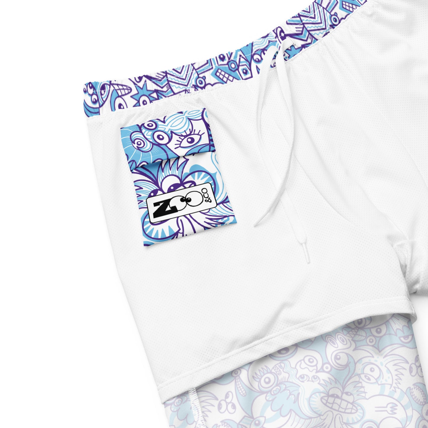 Whimsical Blue Doodle Critterscape pattern design Men's swim trunks. Product detail. Interior pocket