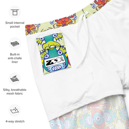 Crabs, octopuses and fish from a tropical sunny beach Men's swim trunks. Product details. Interior pocket