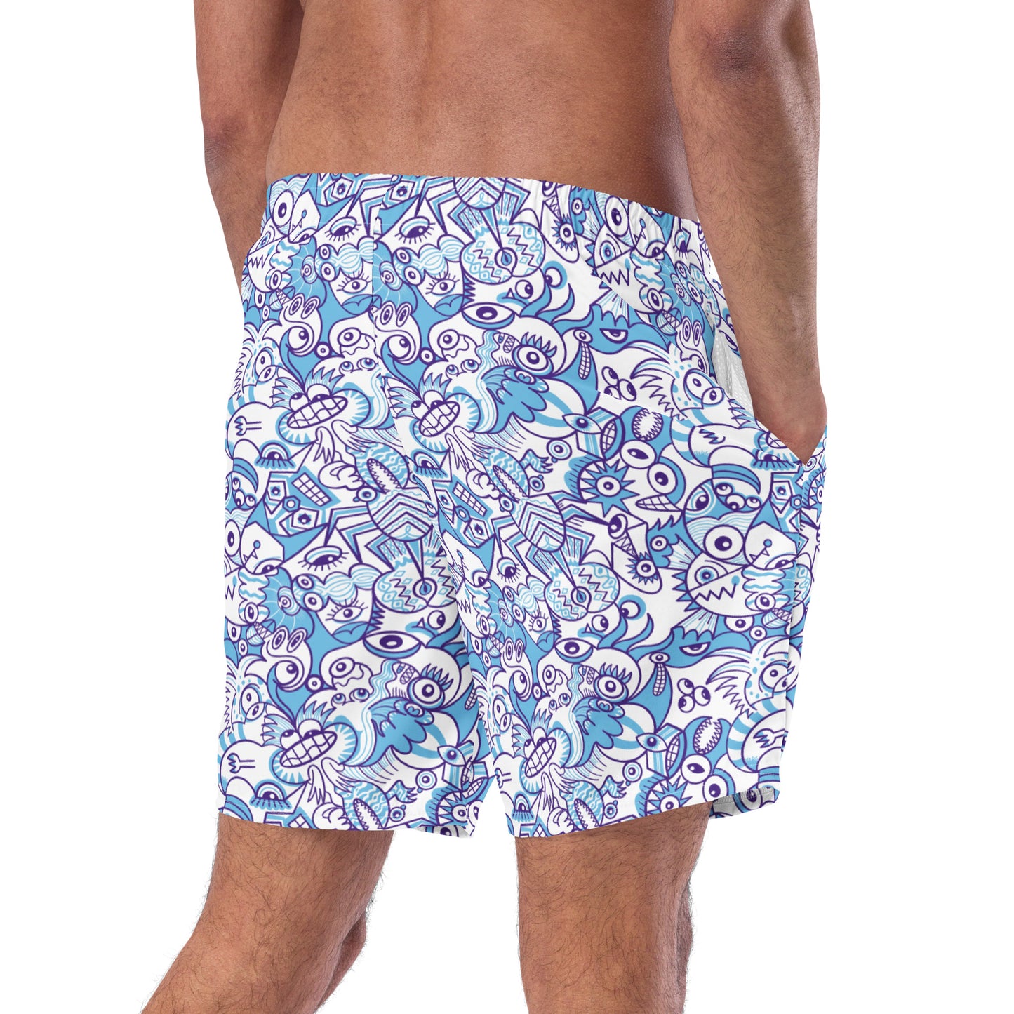 Whimsical Blue Doodle Critterscape pattern design Men's swim trunks. Back view