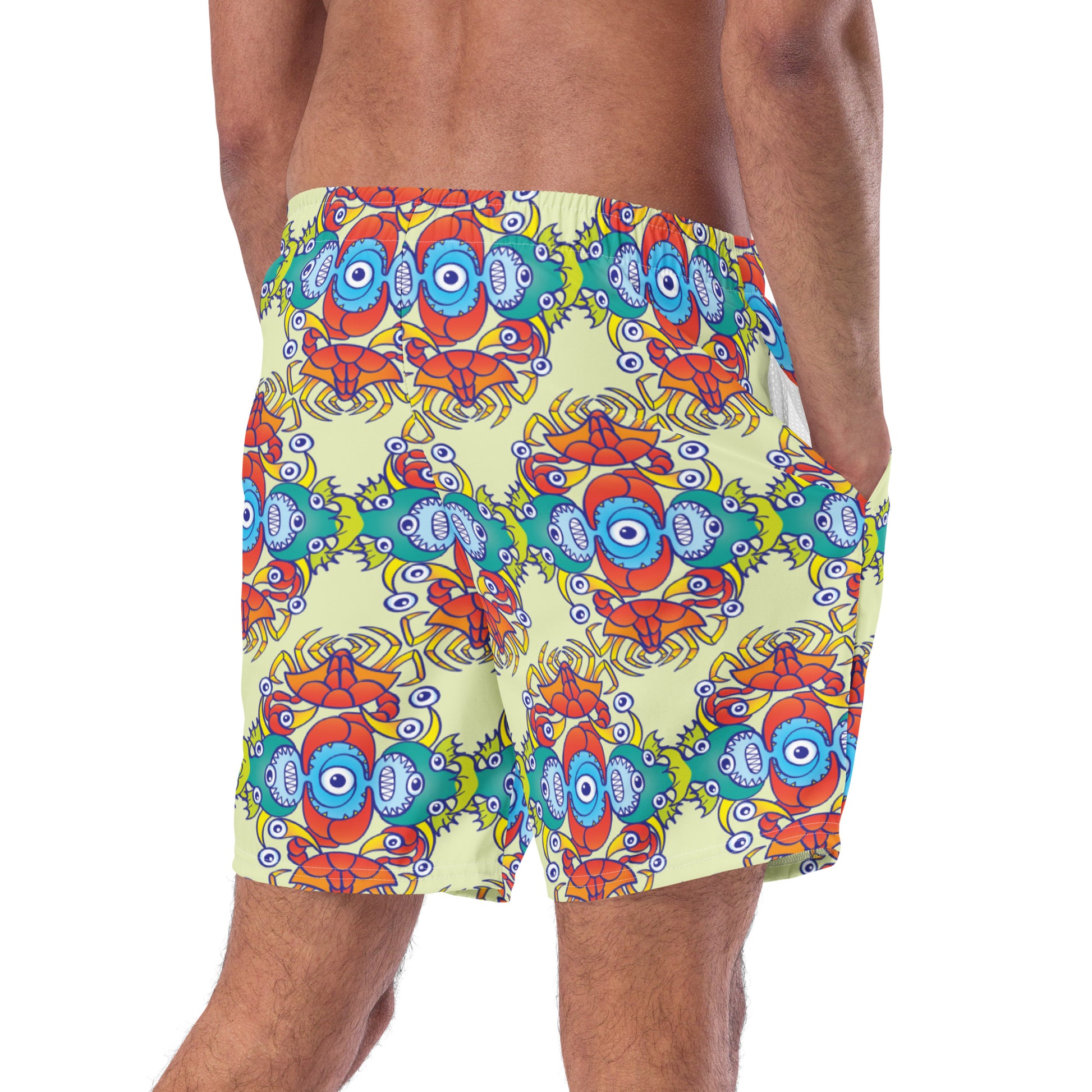 Crabs, octopuses and fish from a tropical sunny beach Men's swim trunks. Back view