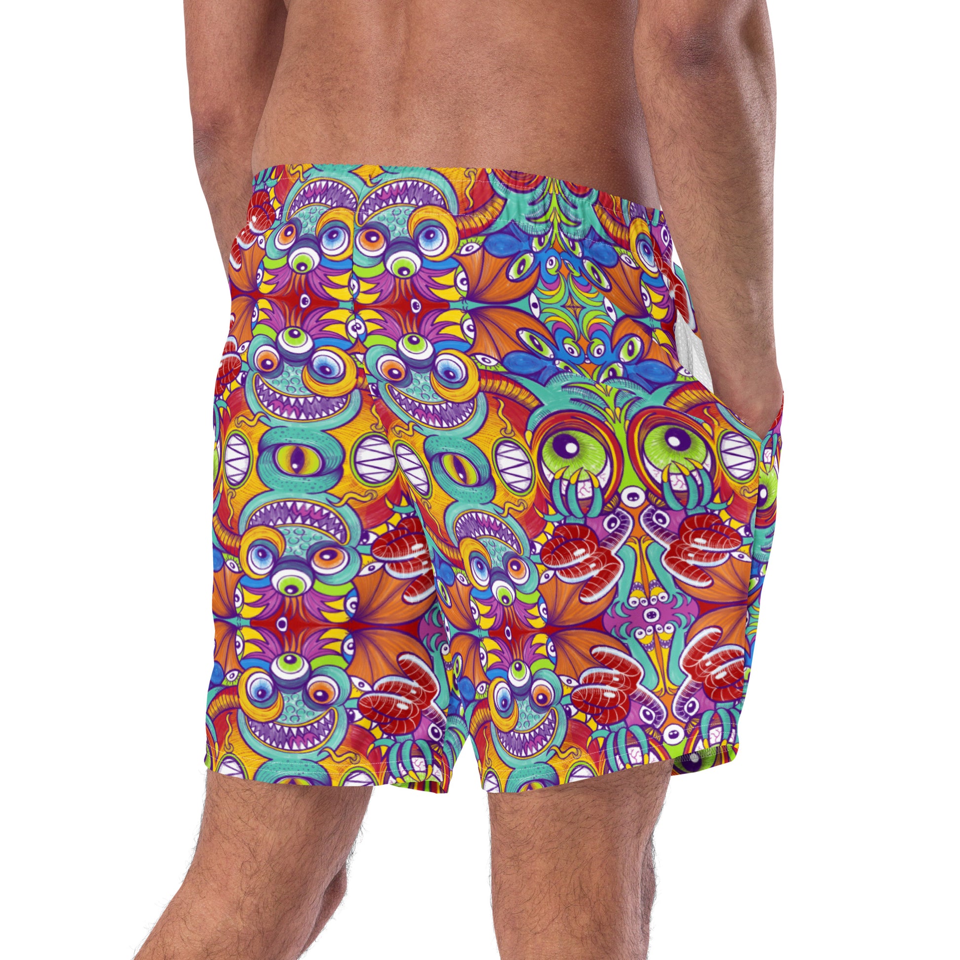 Psychedelic monsters having fun pattern design Men's swim trunks. Back view