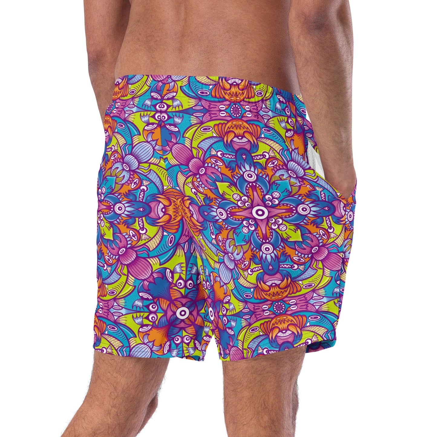 Whimsical Critter Chaos: A Doodle Adventure - Men's swim trunks. Right back view