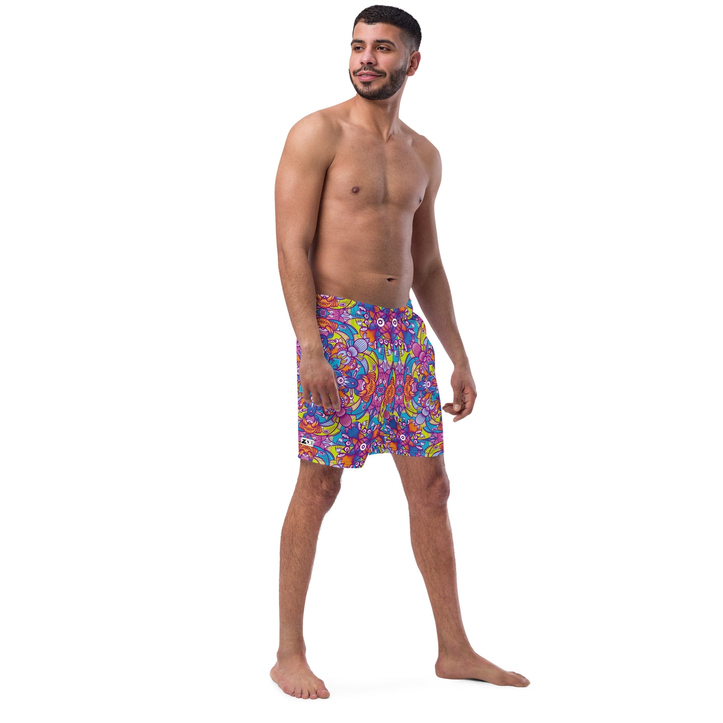 Whimsical Critter Chaos: A Doodle Adventure - Men's swim trunks. Overview