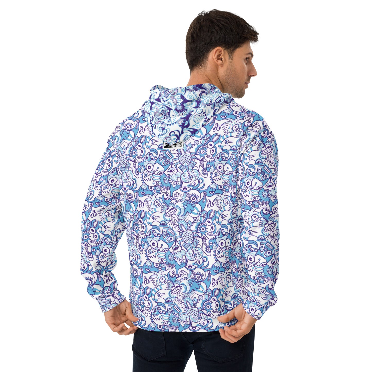 Whimsical Blue Doodle Critterscape pattern design Unisex Hoodie. Back view