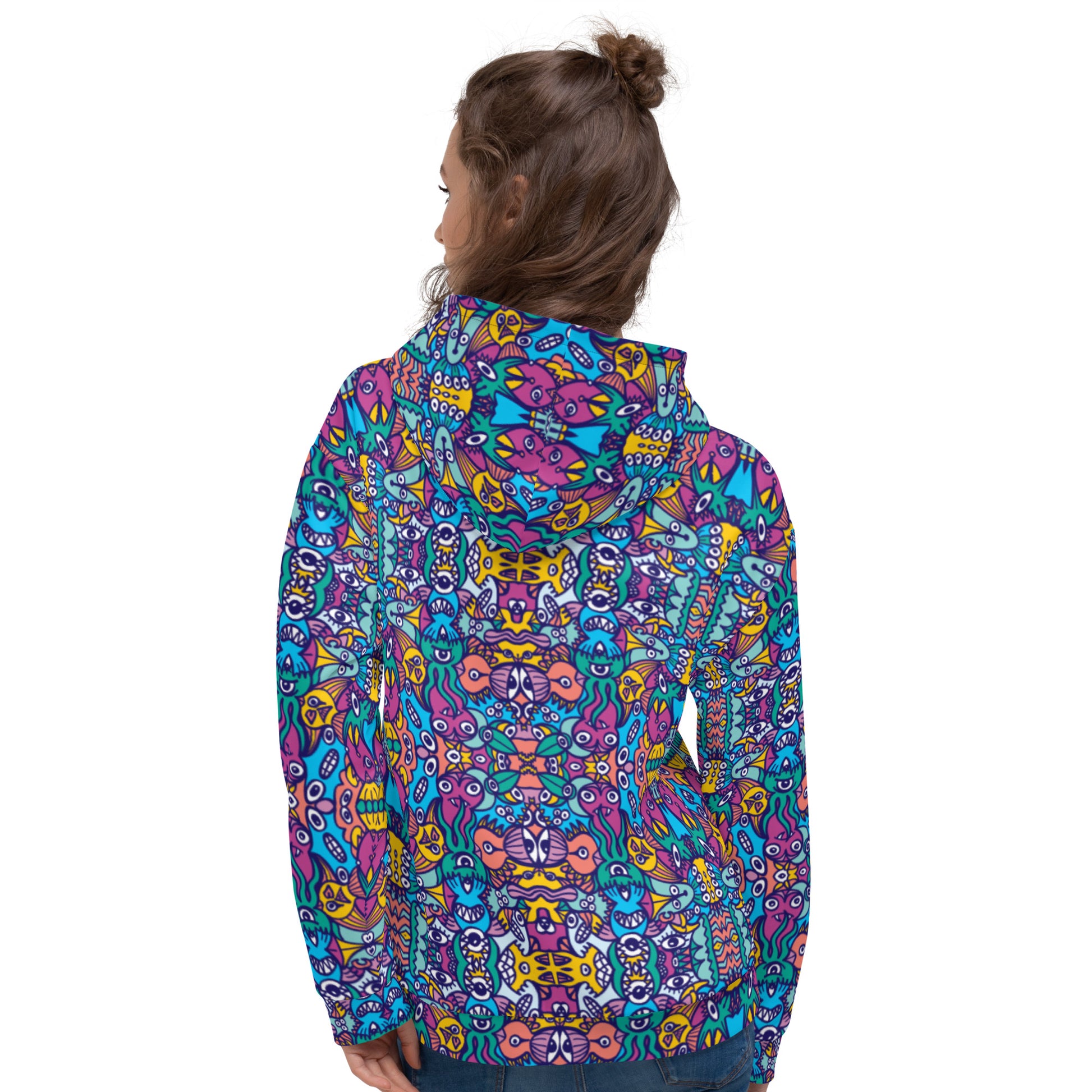 Whimsical design featuring multicolor critters from another world Unisex Hoodie. Back view