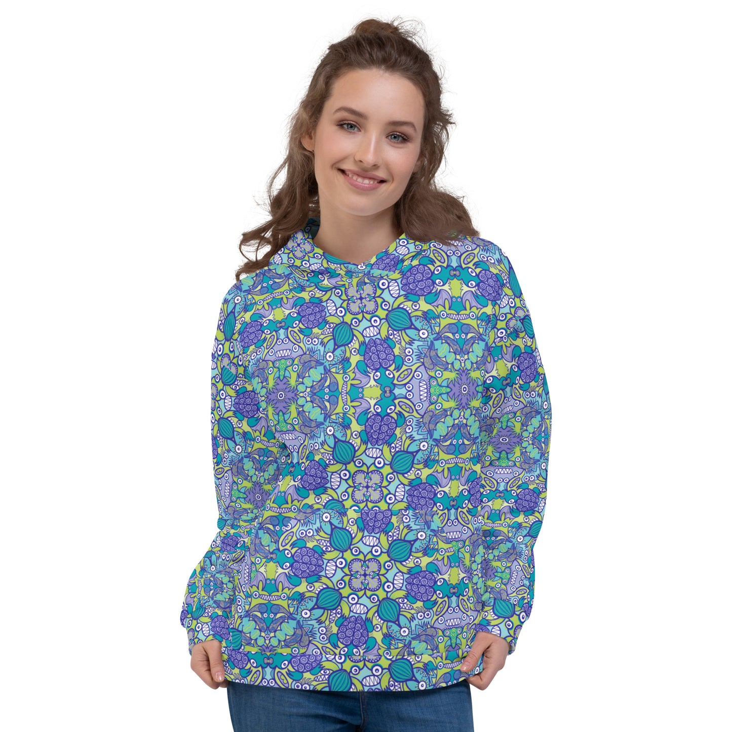 Once upon a time in an ocean full of life pattern design Unisex Hoodie. Front view