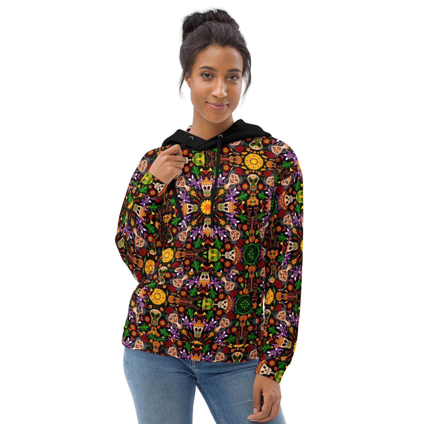 Mexican skulls celebrating the Day of the dead Unisex Hoodie. Front view