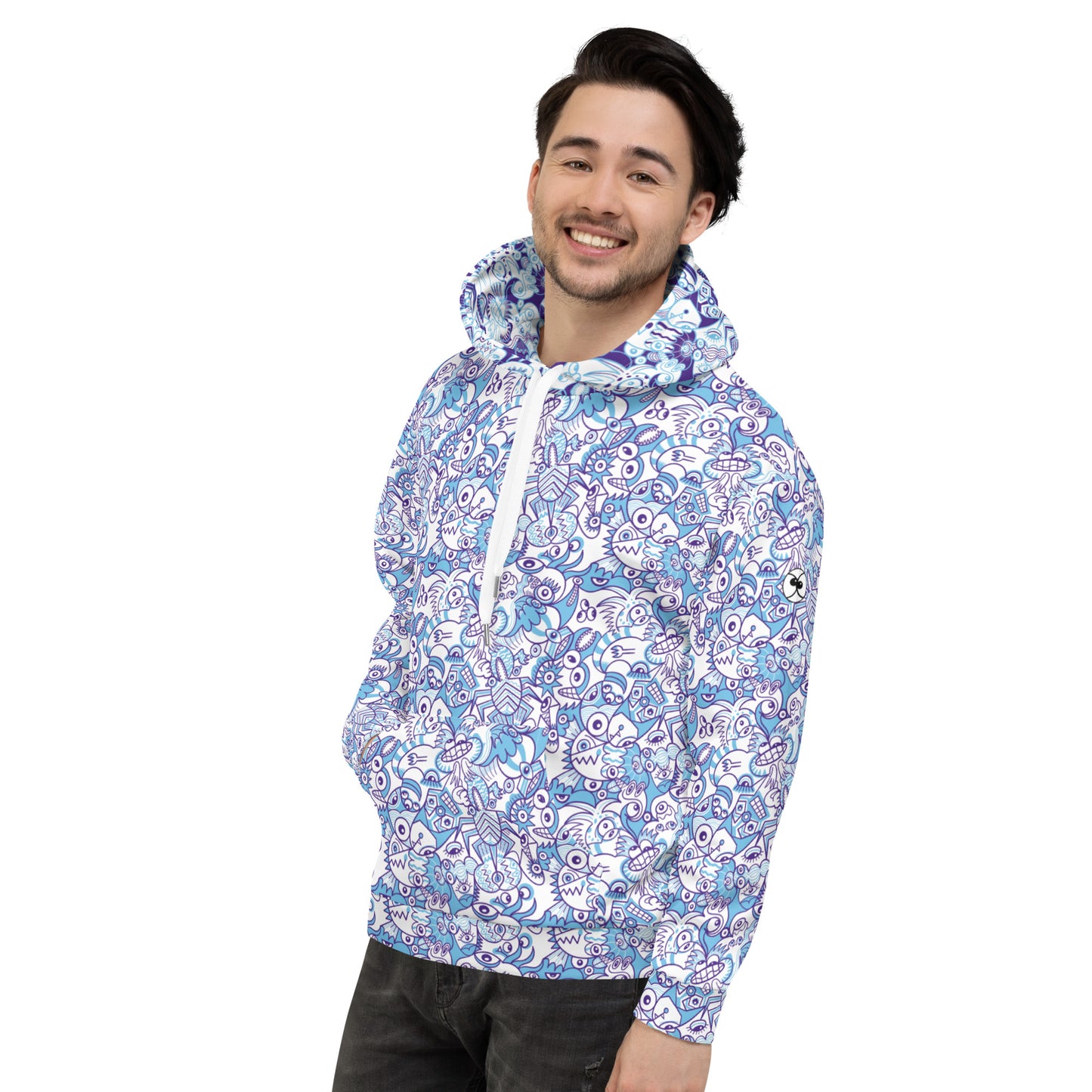 Whimsical Blue Doodle Critterscape pattern design Unisex Hoodie. Side view