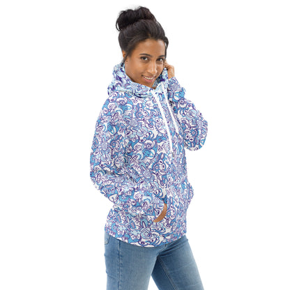 Whimsical Blue Doodle Critterscape pattern design Unisex Hoodie. Overview