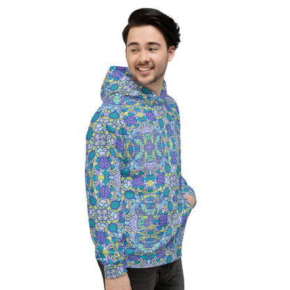 Once upon a time in an ocean full of life pattern design Unisex Hoodie. Side view