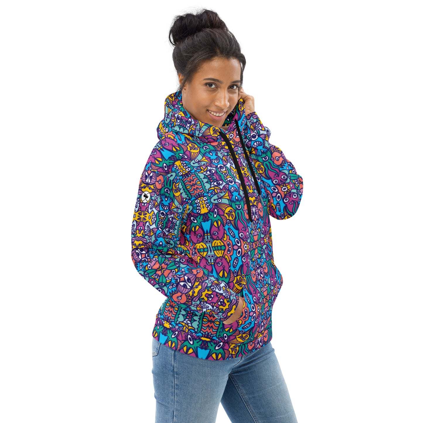 Whimsical design featuring multicolor critters from another world Unisex Hoodie. Overview