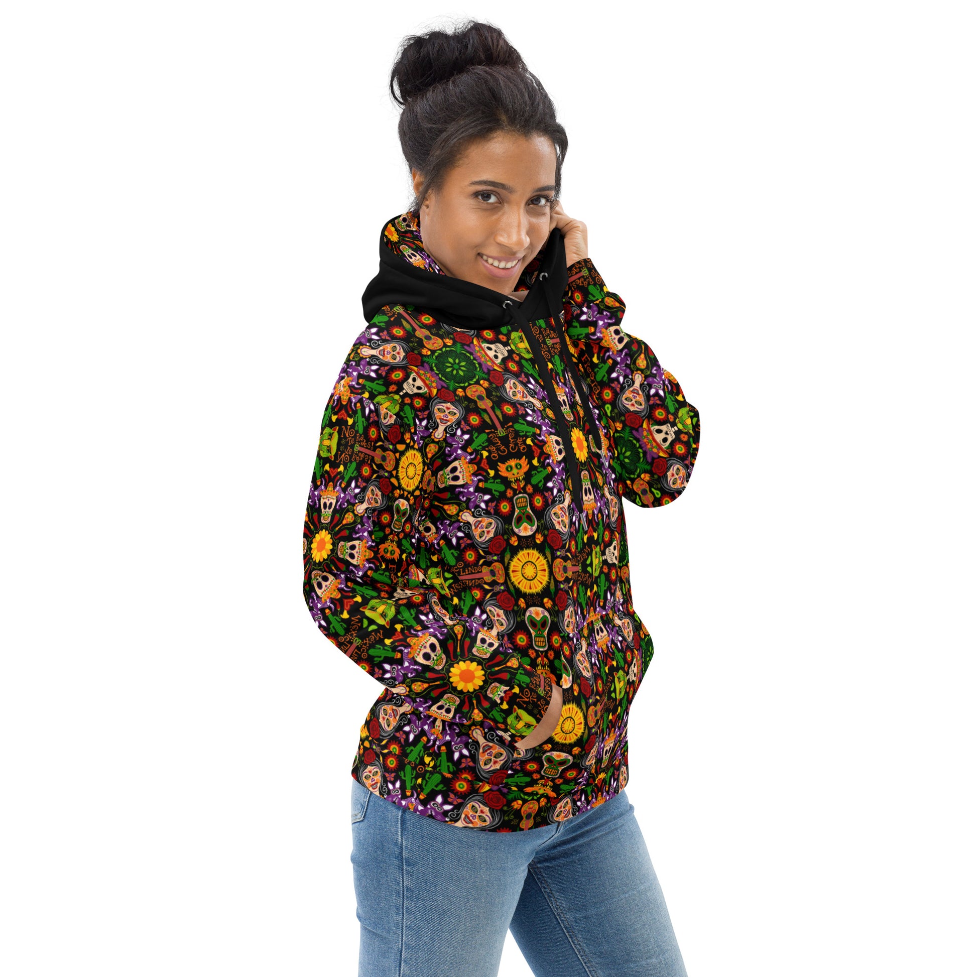 Mexican skulls celebrating the Day of the dead Unisex Hoodie. Side view