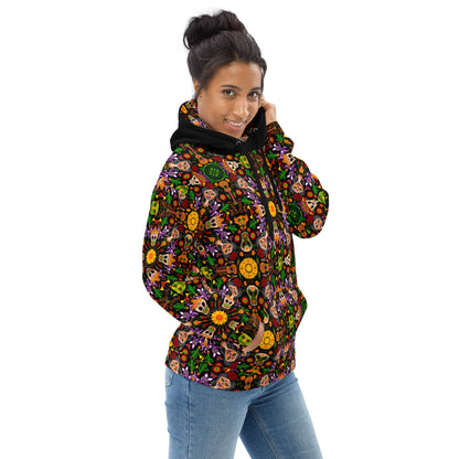 Mexican skulls celebrating the Day of the dead Unisex Hoodie. Side view