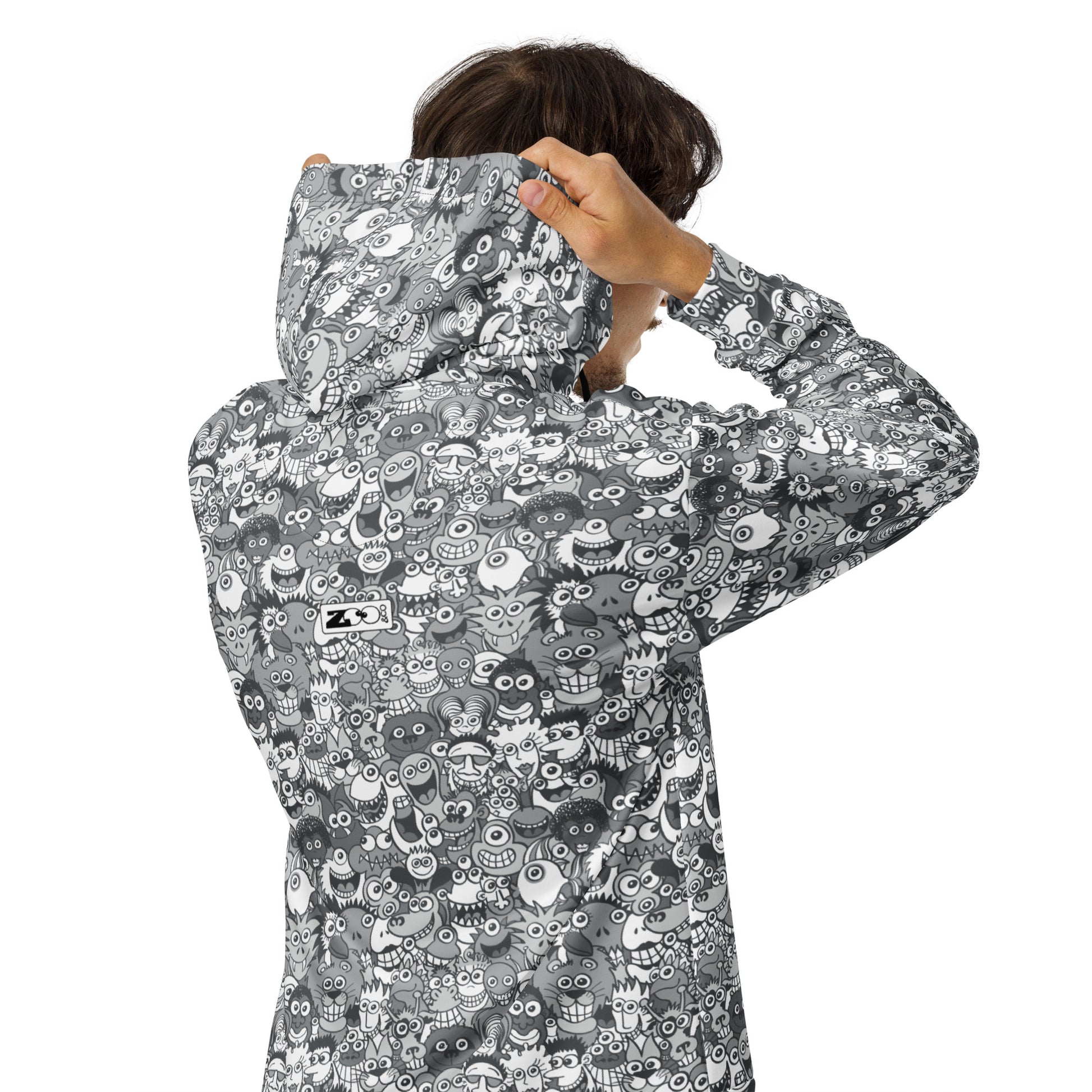 Find the gray man in the gray crowd of this gray world - Unisex zip hoodie. Back view