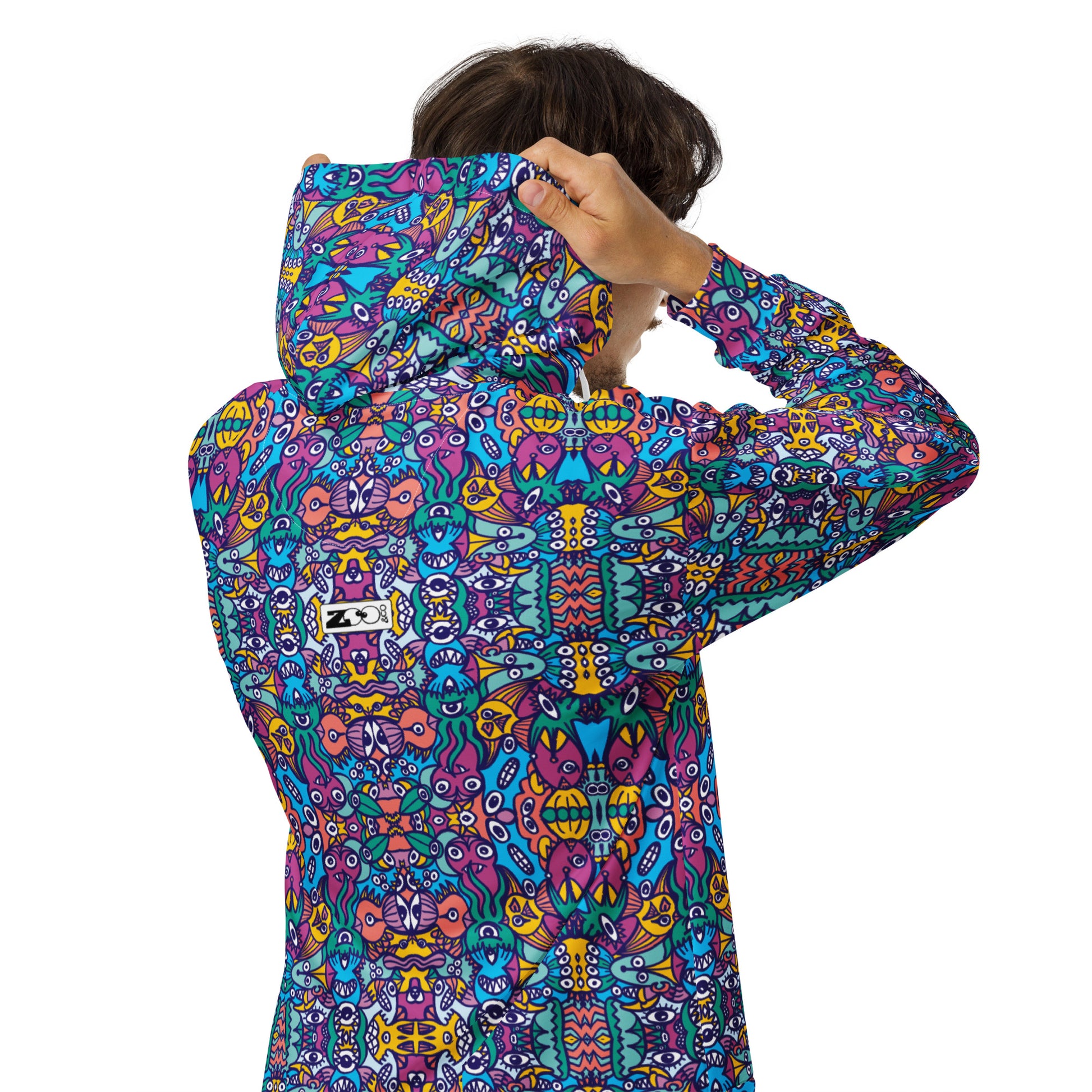 Whimsical pattern full of multicolor alien critters - Unisex zip hoodie. Back view