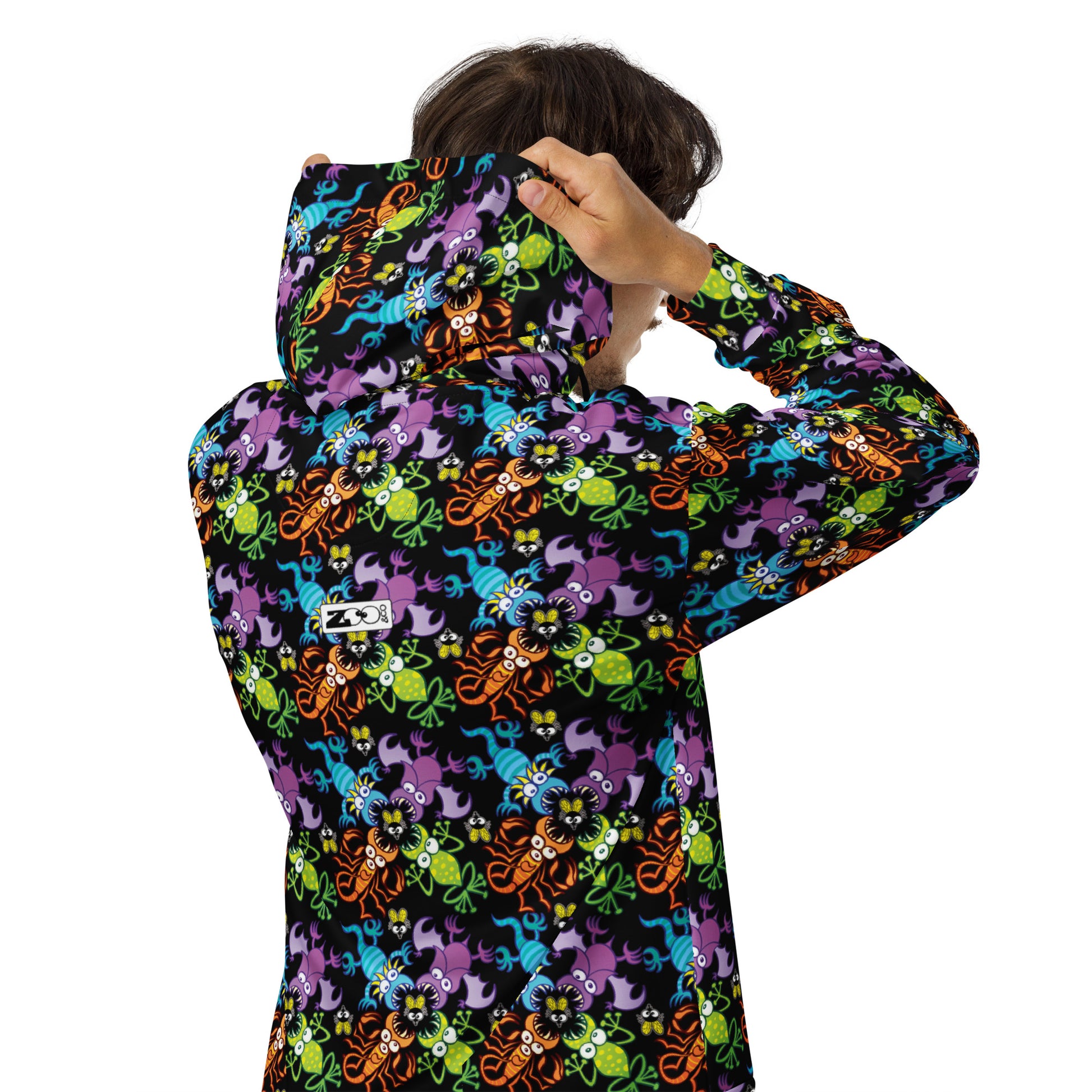 Bat, scorpion, lizard and frog fighting over an unlucky fly - Unisex zip hoodie. Lifestyle