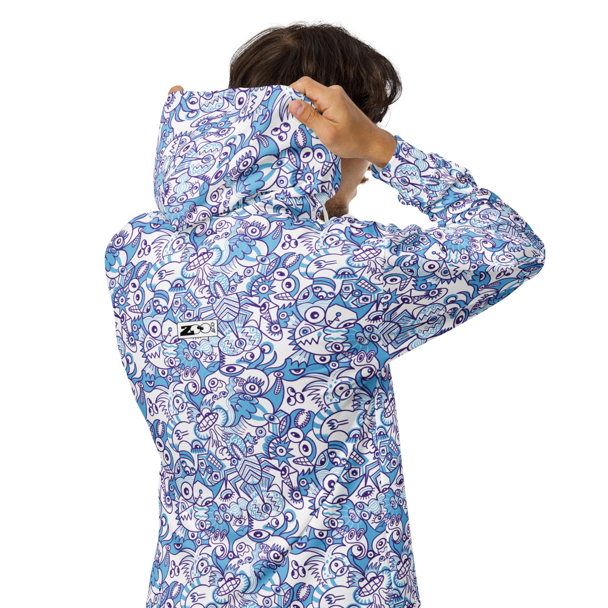 Whimsical Blue Doodle Critterscape pattern design - Unisex zip hoodie. Lifestyle