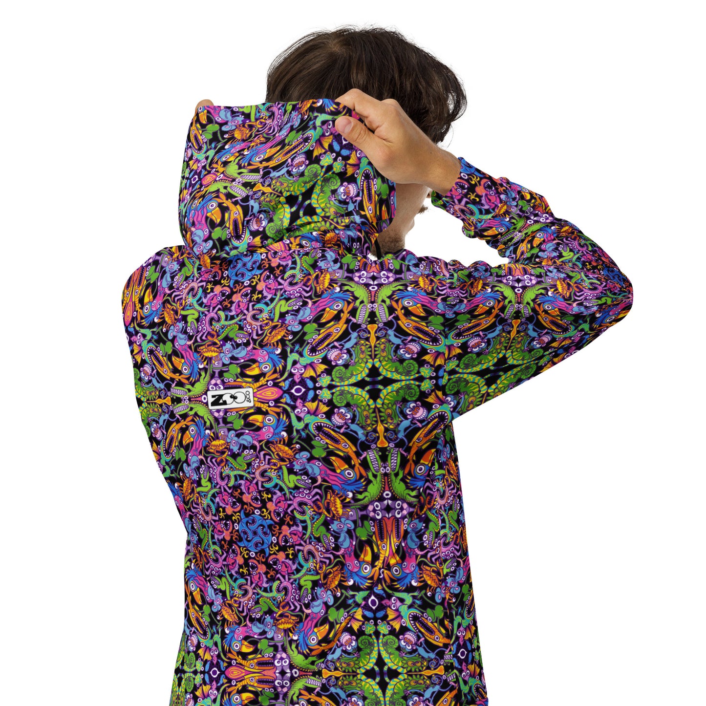Eccentric critters in a lively festival - Unisex zip hoodie. Back view
