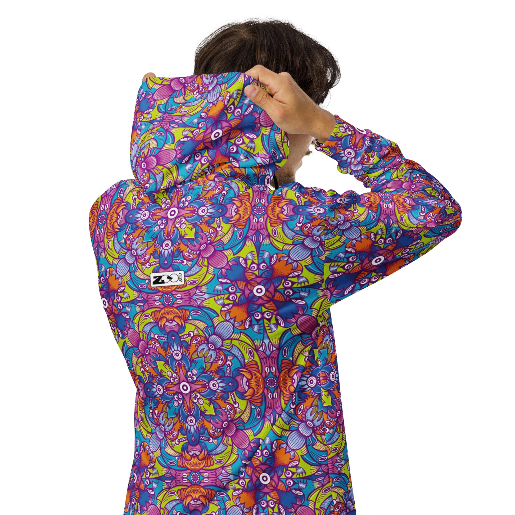 Whimsical Critter Chaos: A Doodle Adventure - Unisex zip hoodie. Back view