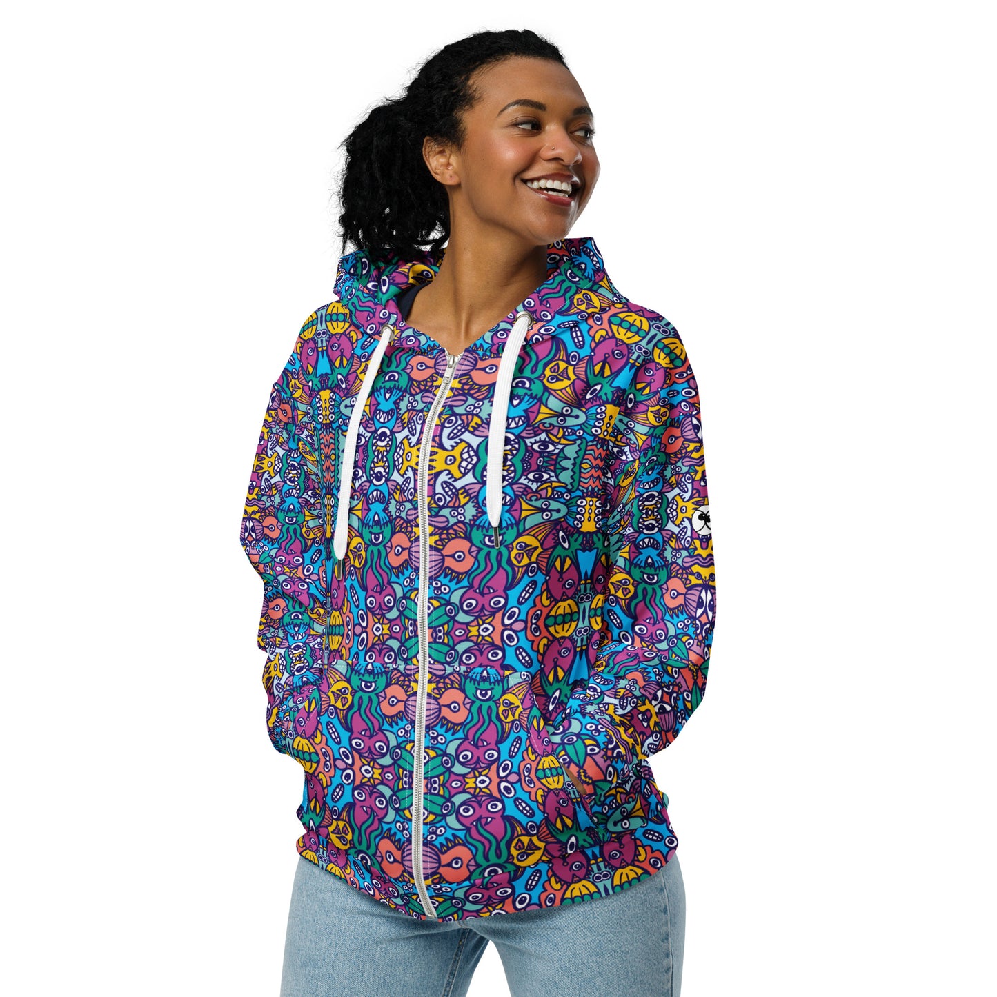 Whimsical pattern full of multicolor alien critters - Unisex zip hoodie. Lifestyle