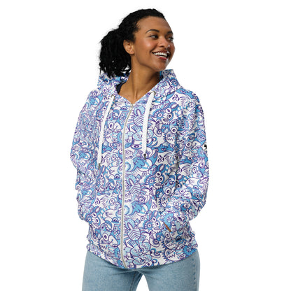 Whimsical Blue Doodle Critterscape pattern design - Unisex zip hoodie. Front view