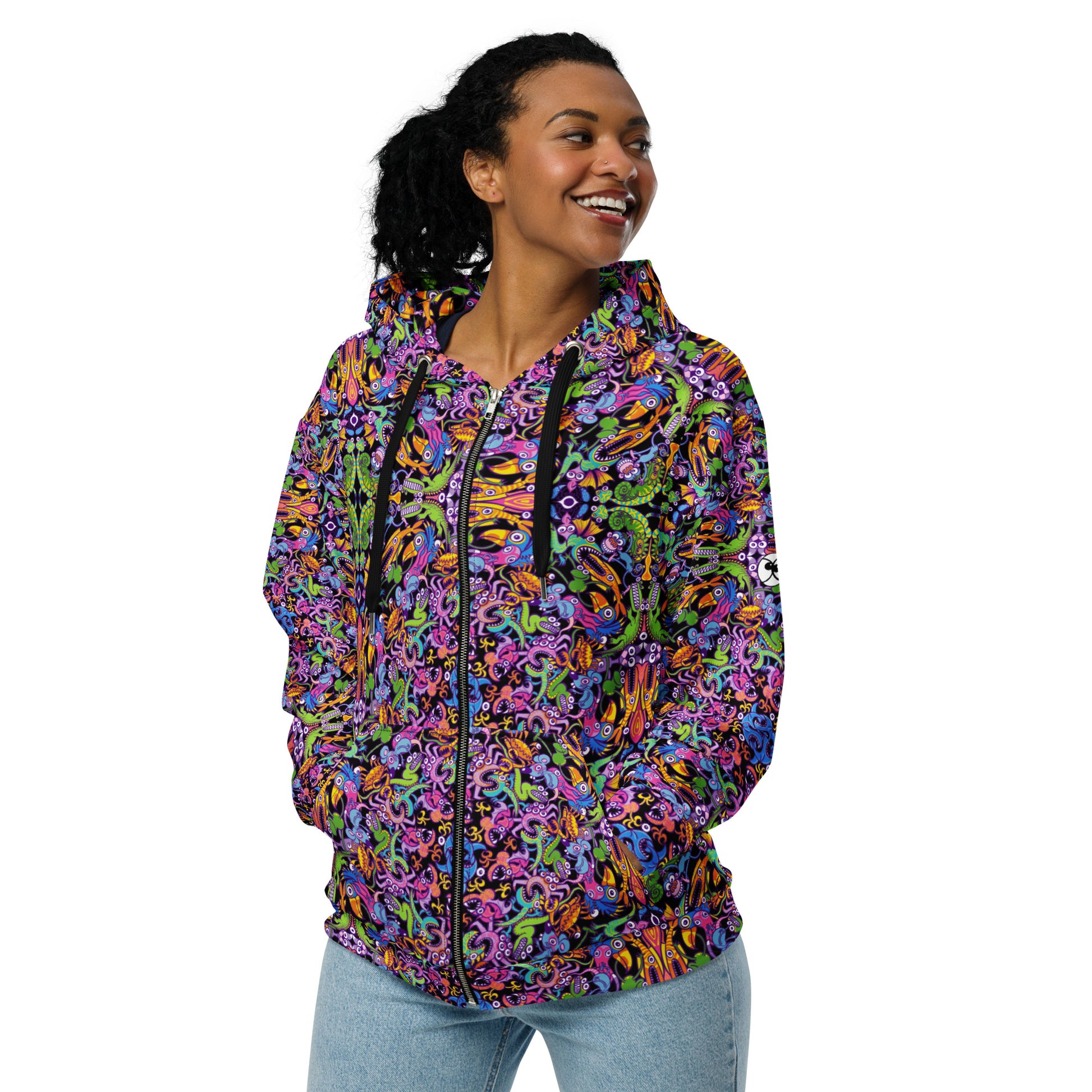 Eccentric critters in a lively festival - Unisex zip hoodie. Lifestyle