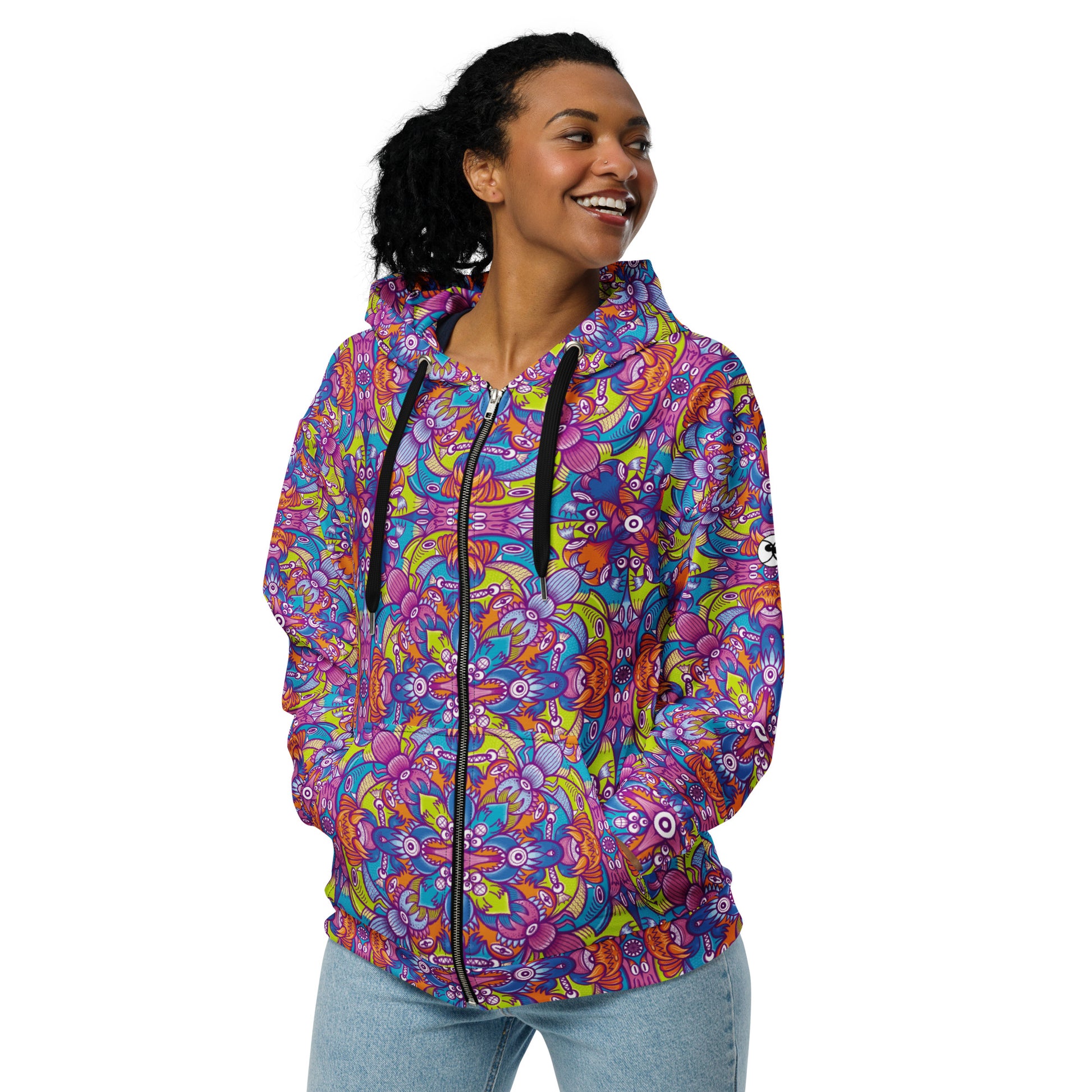 Whimsical Critter Chaos: A Doodle Adventure - Unisex zip hoodie. Front view