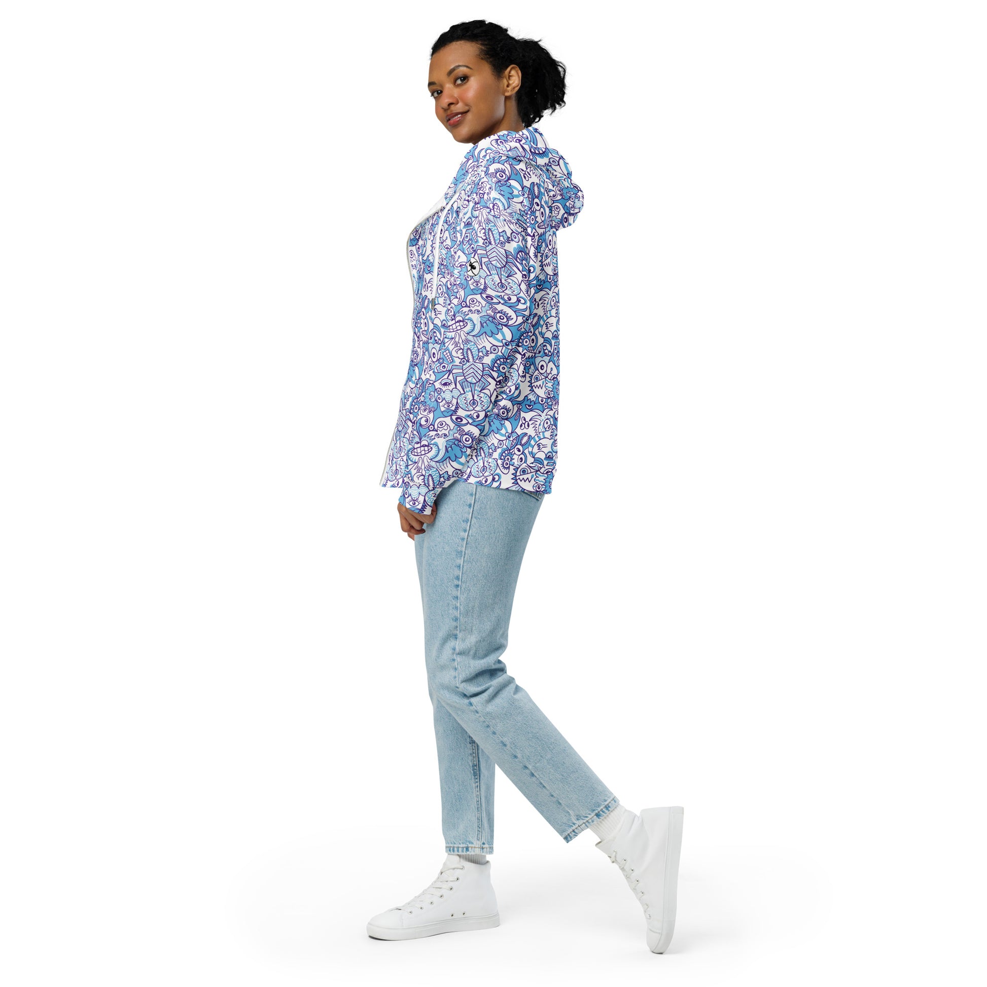 Whimsical Blue Doodle Critterscape pattern design - Unisex zip hoodie. Side view