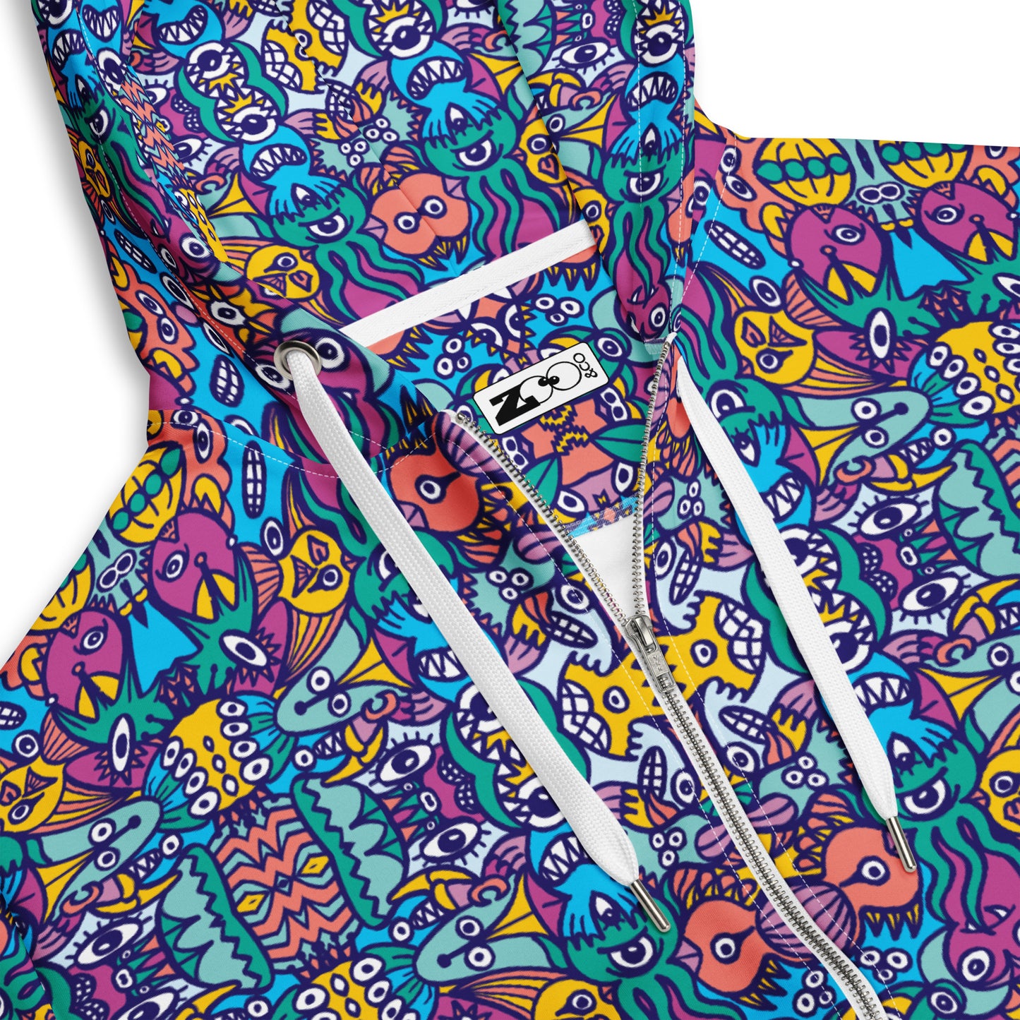 Whimsical pattern full of multicolor alien critters - Unisex zip hoodie. Product details