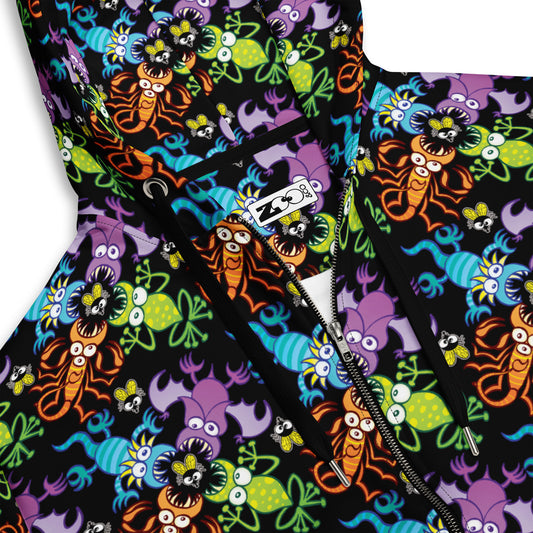 Bat, scorpion, lizard and frog fighting over an unlucky fly - Unisex zip hoodie. Product details