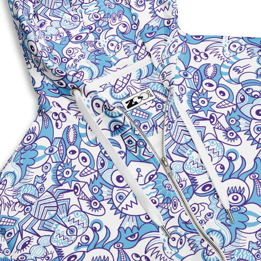 Whimsical Blue Doodle Critterscape pattern design - Unisex zip hoodie. Product details
