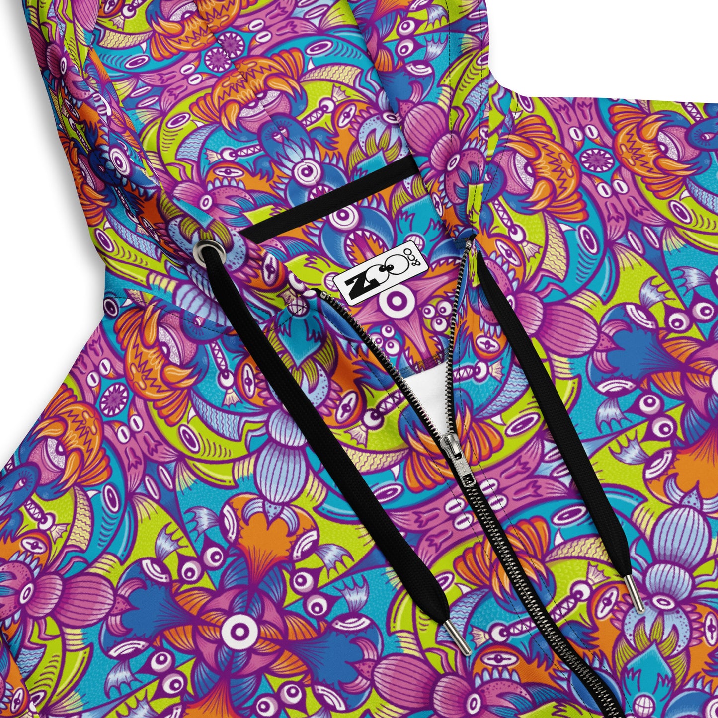 Whimsical Critter Chaos: A Doodle Adventure - Unisex zip hoodie. Product details